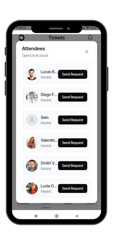 OpenCircle app — event Attendees list with Send Request buttons